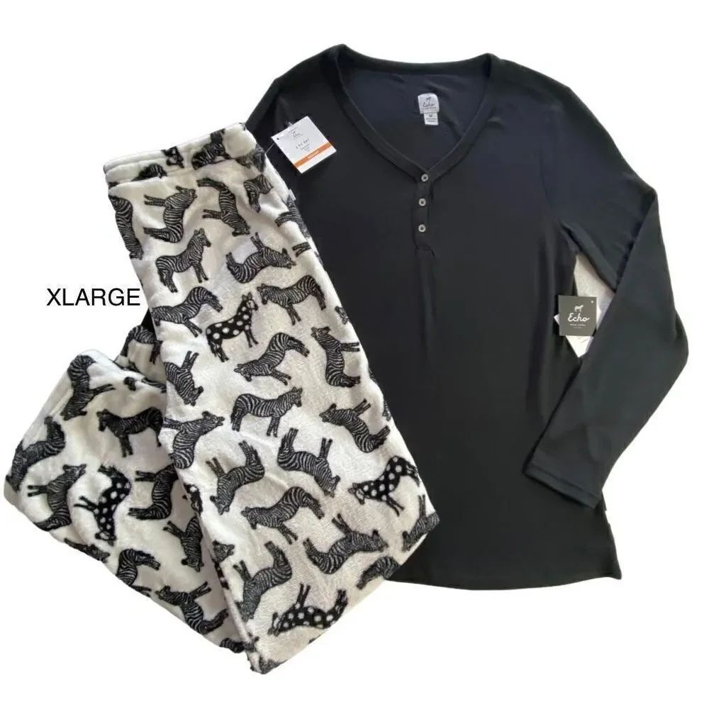 ECHO WOMEN’S XLARGE 2 pc Long Sleeve Top & Zebra Print Pajama Pant SET